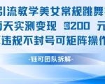 男粉引流教学美女常规跳舞视频两天实测变现1k+，不违规不封号可矩阵操作